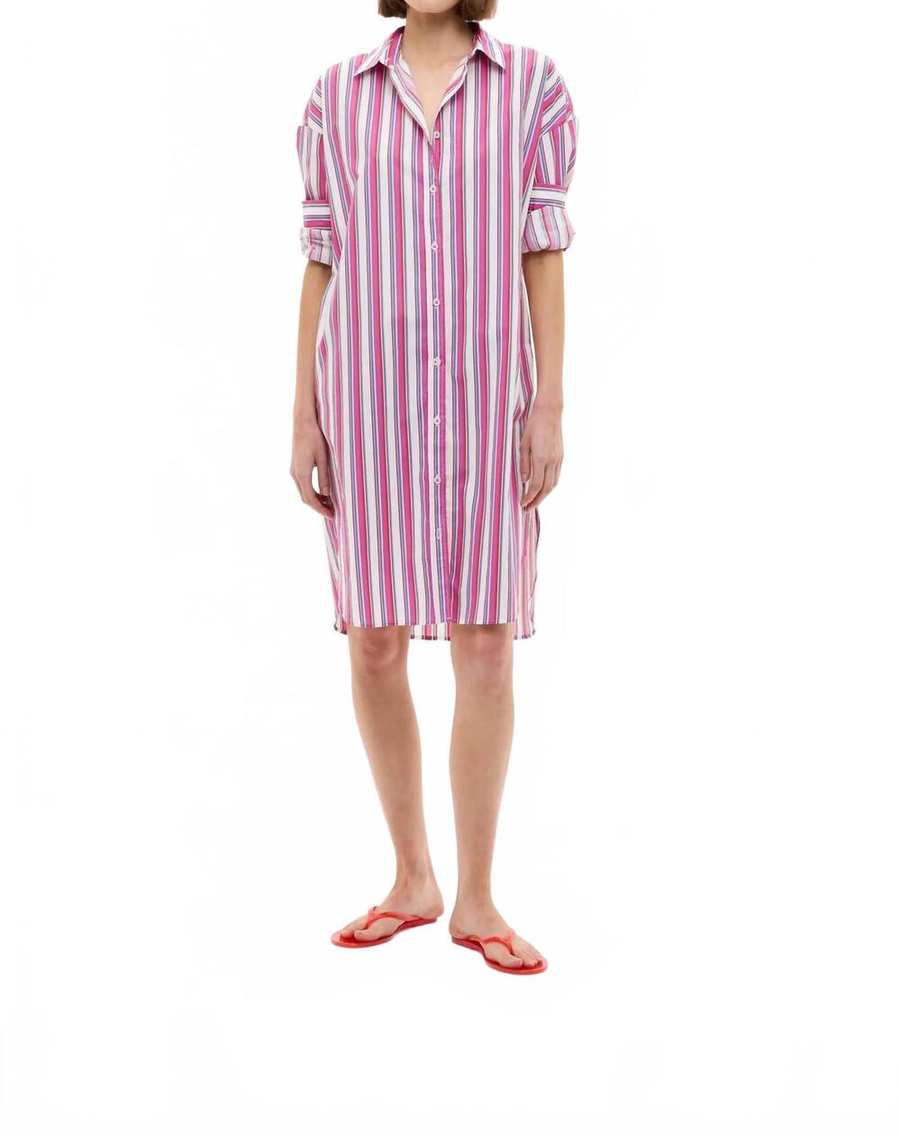 NEW LMND chiara long sleeve midi dress in fuscia multi stripe
